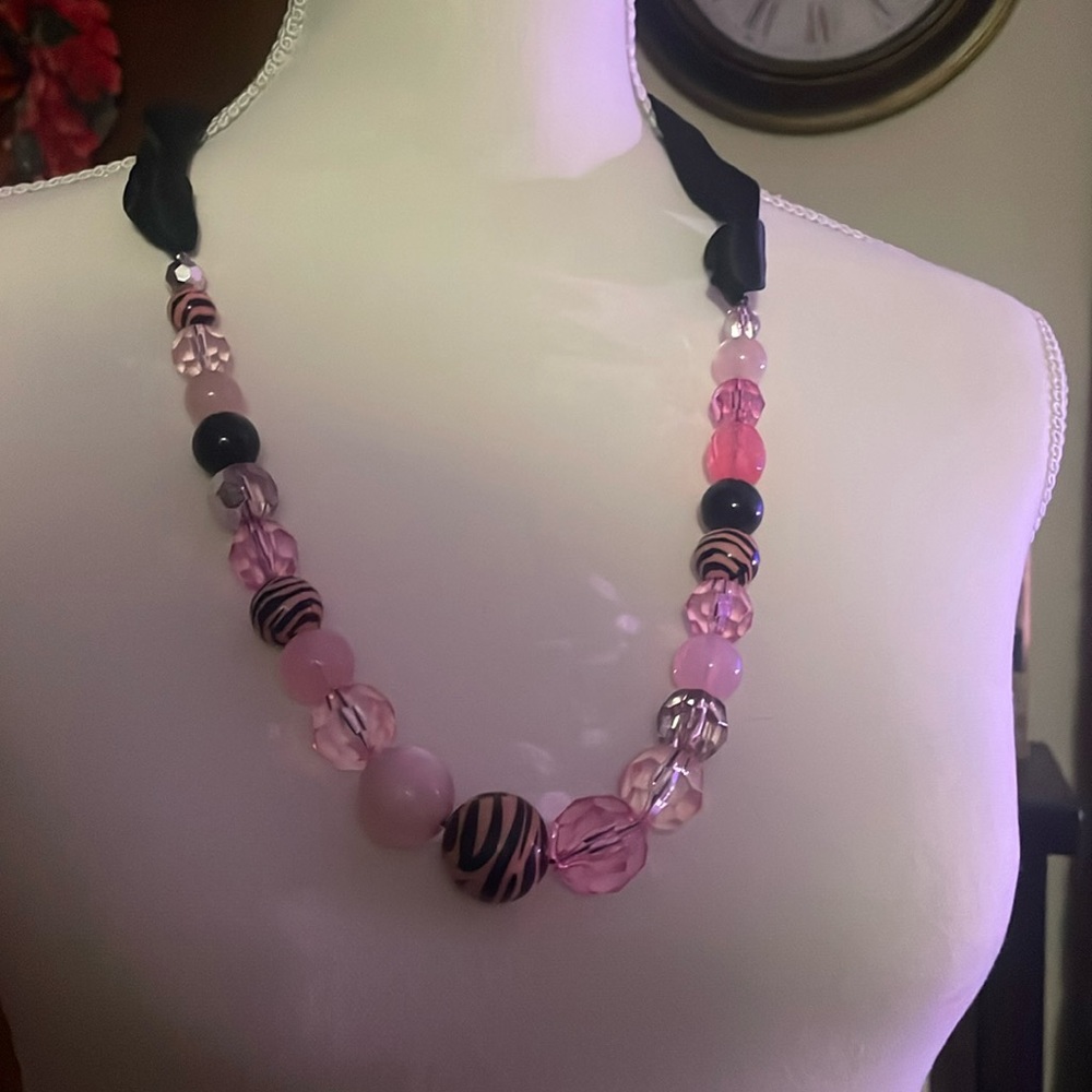 Pink and Black beaded necklace with ribbon tie